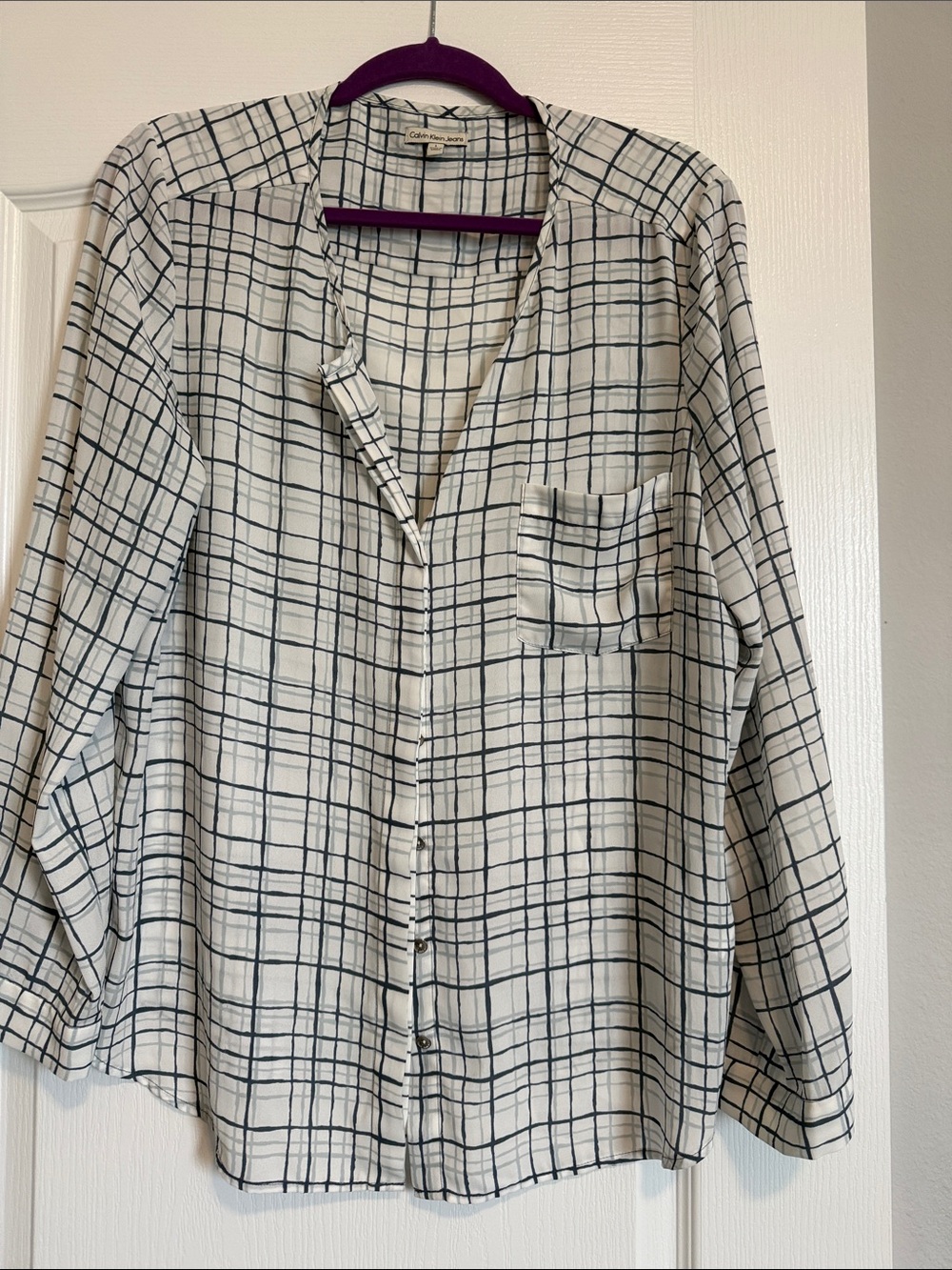 Calvin Klein Jeans White Button-Down Shirt with Navy Grid